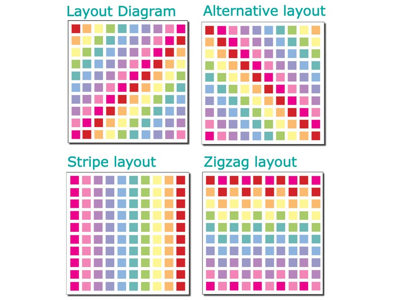 May include: Four diagrams showing different layouts for a grid of colored squares. The layouts are labeled "Layout Diagram", "Alternative layout", "Stripe layout", and "Zigzag layout".