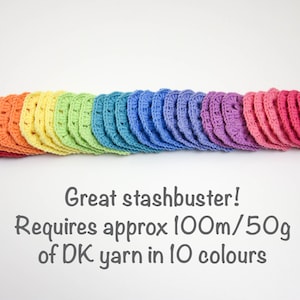 May include: A rainbow of crocheted squares, each measuring approximately 10 cm by 10 cm, laid out in a row. The text "Great stashbuster! Requires approx 100m/50g of DK yarn in 10 colours" is written below the squares.