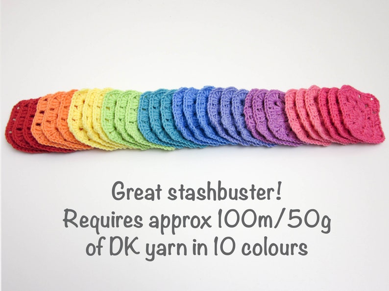 May include: A rainbow of crocheted squares, each measuring approximately 10 cm by 10 cm, laid out in a row. The text "Great stashbuster! Requires approx 100m/50g of DK yarn in 10 colours" is written below the squares.