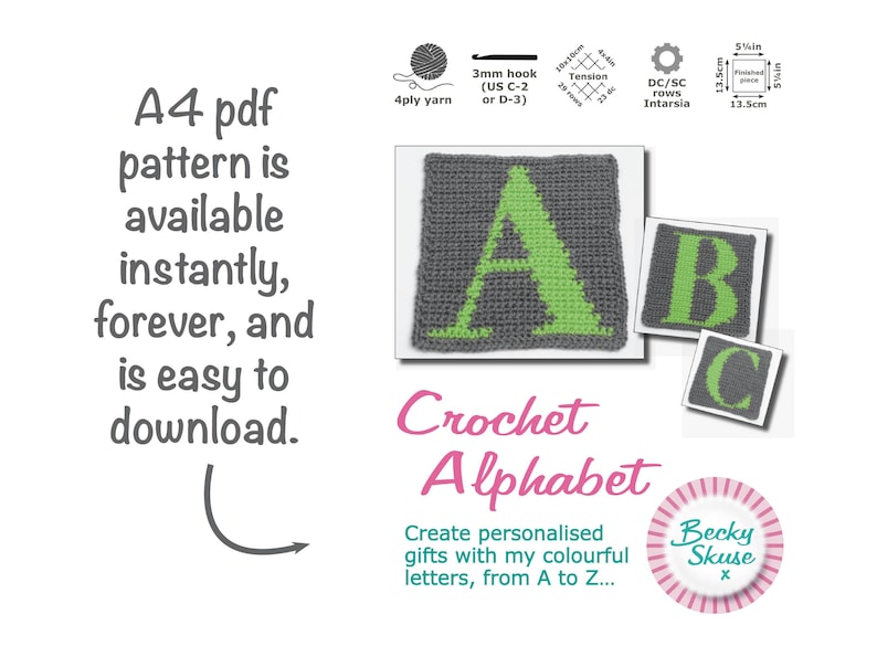 Crochet alphabet pattern pdf, A to Z letter squares, New mum baby shower gift, Beginner intarsia Fair Isle, ABC block charts, UK & US Terms image 6