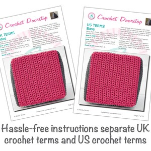 May include: Crochet doorstop instructions with separate UK and US terms. The doorstop is a pink and gray square with a crocheted texture.