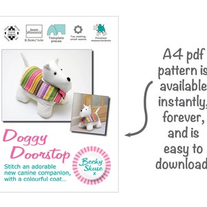 Scottie dog toy sewing pattern, Cute fabric doorstop, Quick & easy gift for animal lovers, Beginner plush pup and coat, Digital PDF download image 8