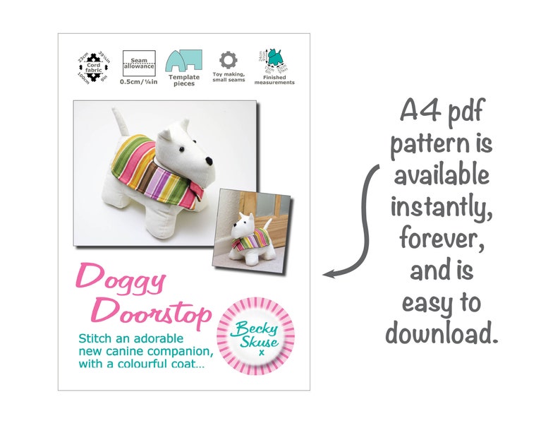 Scottie dog toy sewing pattern, Cute fabric doorstop, Quick & easy gift for animal lovers, Beginner plush pup and coat, Digital PDF download image 8