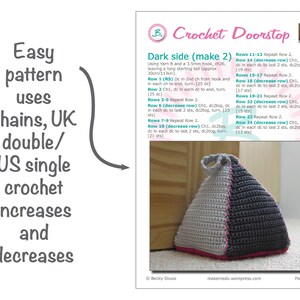 May include: A gray and pink crocheted doorstop in the shape of a pyramid. The doorstop is made with chains, UK double crochet, and US single crochet stitches. The instructions for making the doorstop are included in the image.