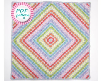 C2C crochet rainbow baby blanket pattern, Beginner stashbuster DK yarn, Quick & easy colourful gift for new mum, Digital pdf UK and US terms