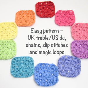 May include: A rainbow of crocheted squares made with UK treble/US double crochet stitches, chains, slip stitches, and magic loops. Easy pattern.