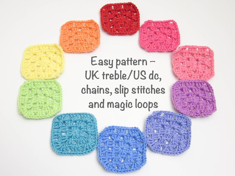 May include: A rainbow of crocheted squares made with UK treble/US double crochet stitches, chains, slip stitches, and magic loops. Easy pattern.