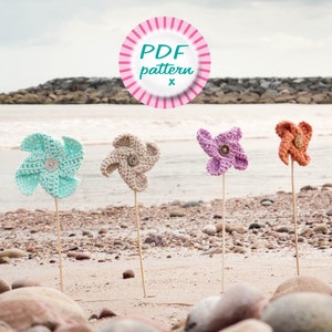 Crochet pinwheel pattern pdf, Windmill flower on stick, quick yarn stashbuster, easy for beginners, summer holiday family fun, cute for kids