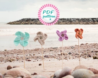 Crochet pinwheel pattern pdf, Windmill flower on stick, quick yarn stashbuster, easy for beginners, summer holiday family fun, cute for kids