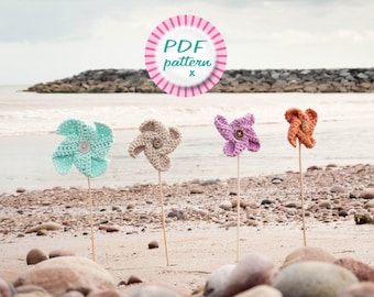 Wzór na wiatraczek szydełkowy w formacie PDF, Kwiat wiatraczka na patyku, Szybki sposób na pozbycie się włóczki, Łatwy dla początkujących, Rodzinna zabawa na wakacjach, Uroczy dla dzieci