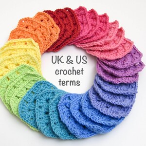 May include: A rainbow of crocheted squares arranged in a circle, with the text "UK & US crochet terms" in the center.