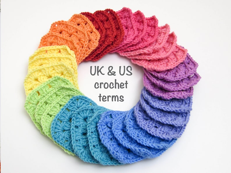 May include: A rainbow of crocheted squares arranged in a circle, with the text "UK & US crochet terms" in the center.