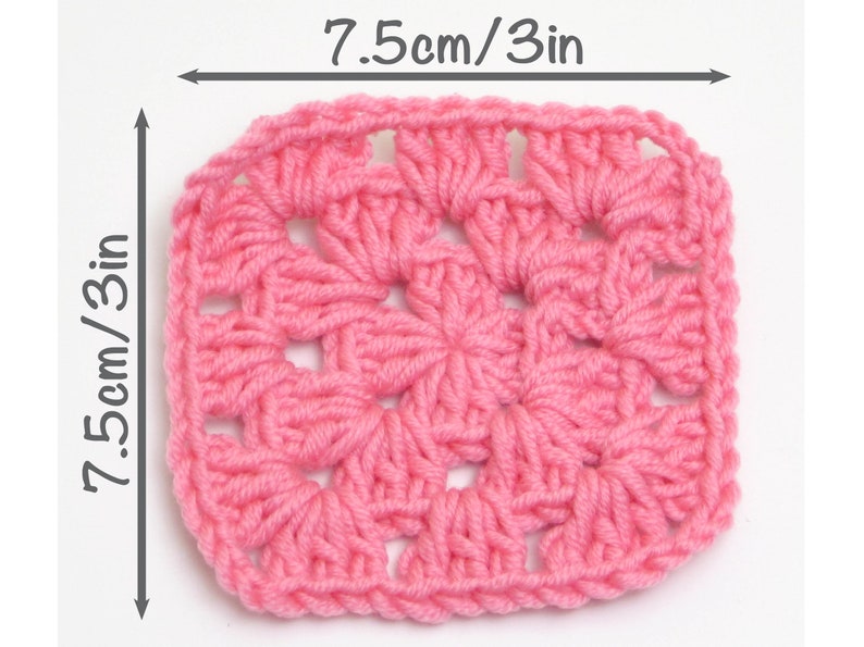 May include: A pink crochet square measuring 3 inches by 3 inches. The square is made with a repeating pattern of double crochet stitches.