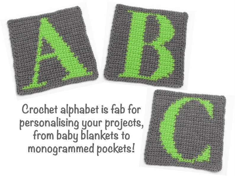 Crochet alphabet pattern pdf, A to Z letter squares, New mum baby shower gift, Beginner intarsia Fair Isle, ABC block charts, UK & US Terms image 2