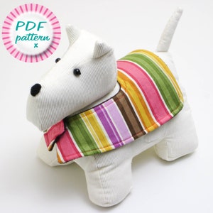 Scottie dog toy sewing pattern, Cute fabric doorstop, Quick & easy gift for animal lovers, Beginner plush pup and coat, Digital PDF download image 1