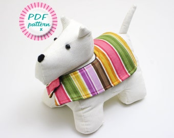 Scottie dog toy sewing pattern, Cute fabric doorstop, Quick & easy gift for animal lovers, Beginner plush pup and coat, Digital PDF download