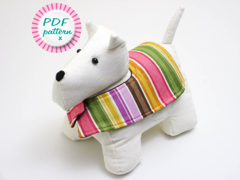 Scottie dog toy sewing pattern, Cute fabric doorstop, Quick & easy gift for animal lovers, Beginner plush pup and coat, Digital PDF download image 1