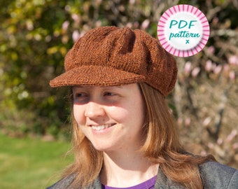 Knitted baker boy hat pattern pdf, Easy vintage newsboy cap with peak, Beginner retro tweed paperboy, Fits women or men, Digital download