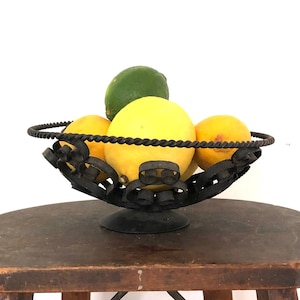 Mid Century Metal Scroll Fruit Bowl: Matte Black Pedestal Display