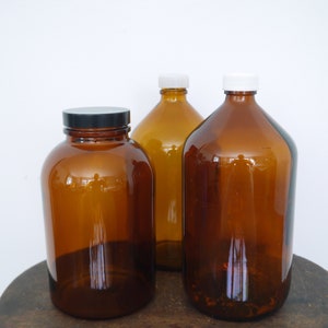 Vintage Pharmacy bottles, large amber glass apothecary jars set of 3