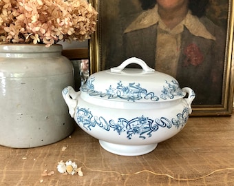 French Vintage Soup Tureen blue and white Ironstone stoneware