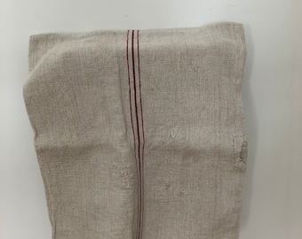 French vintage grain sack primitive handmade linen with triple RED Stripes