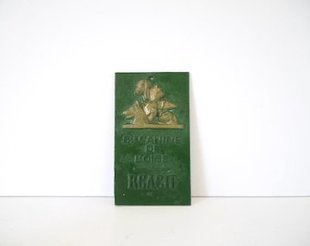 French vintage green and gold agricultural plaque canine dog