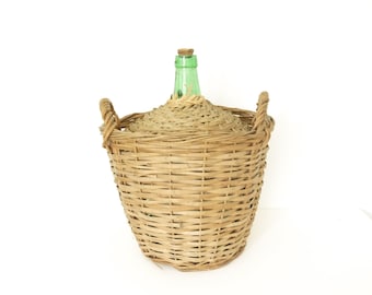 Taglia XL Antique French Green Demijohn Carboy / Dame jeanne Bottiglia di vino con rattan verde