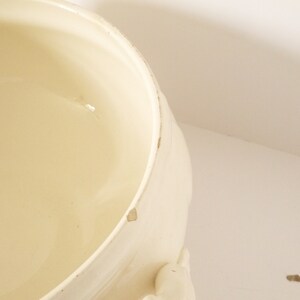 May include: White ceramic serving bowl with a slightly chipped rim. The bowl is empty and has a smooth, glossy finish.