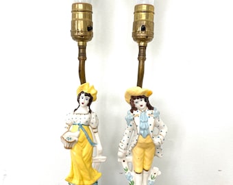 Vintage ceramic statue table lamps yellow couple