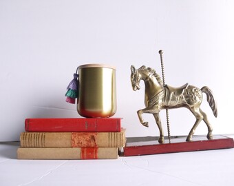 Brass horse carousel figurines on wooden stand house decoration mcm decoration