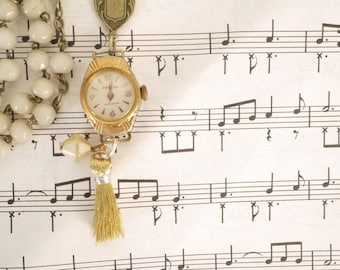 Vintage Assemblage Necklace with Vintage Art Deco Watch / Steampunk / Upcycled & Repurposed french