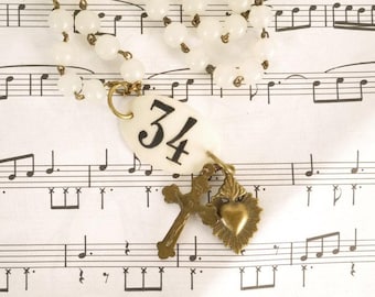 Vintage Assemblage Necklace: Shell Number #34 Cross, Ex-Voto Heart