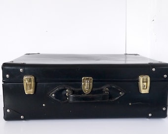 VINTAGE black vinyl SUITCASE with rivets steampunk