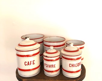 French vintage metal canister set of six with three covers