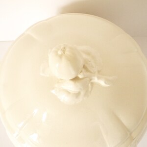 May include: White ceramic serving dish with a lid. The lid has a raised design of a fruit, possibly an apple, with leaves.