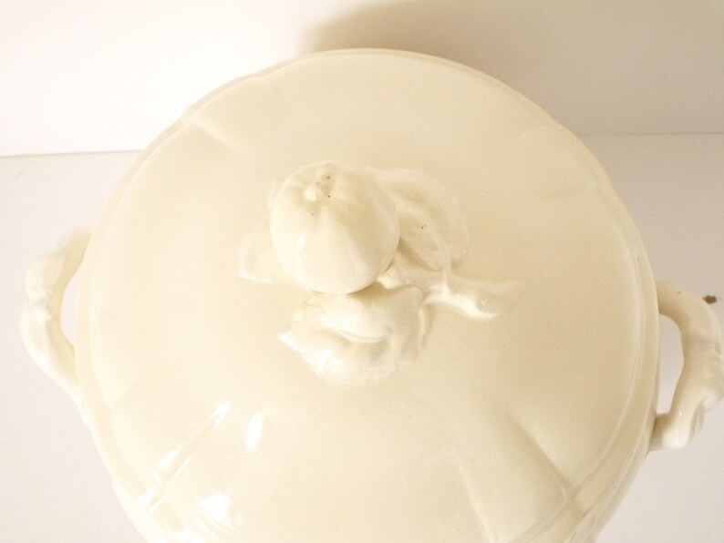 May include: White ceramic serving dish with a lid. The lid has a raised design of a fruit, possibly an apple, with leaves.