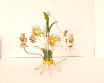 French vintage tole tole metal floral daisy yellow and green rusty shabby chic