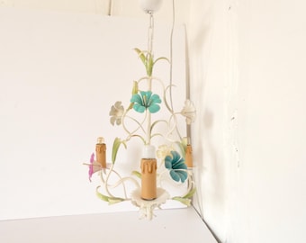 French vintage tole tolex metal floral chandelier multicoloured