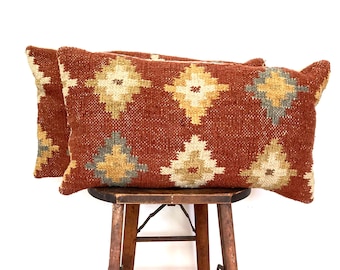 Vintage kilm rug pillows turkish anatolian Ikat Earth tones sienna  blue, beige  20.5X11