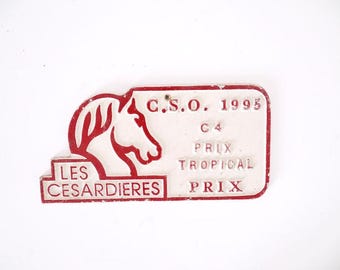 French vintage red and white agricultural plaque horsemanship