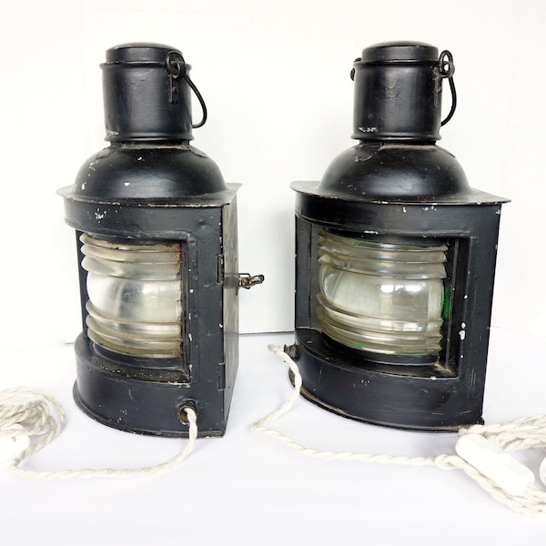 Electrified Antique Nautical Lanterns with Fresnel Glass Lens set of 2