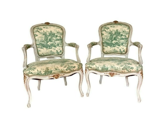 Antique French Armchairs With Teal Toile De Jouy Upholstery Set of