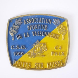 Placa agrícola francesa vintage azul y amarilla de doma clásica 1999