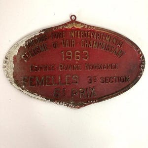 Placa agrícola francesa antigua de color rojo, año 1963