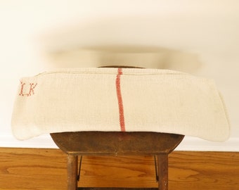 French vintage grain sack primitive handmade linen with Monogram LK in RED Stripes