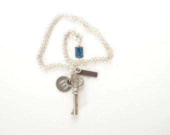 Vintage up cycled assemblage Key and Love Charm, Lourdes Enameled Pendant #10