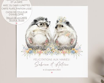Carte hérisson, carte de mariage, carte de mariage personnalisée, félicitations aux maries, carte félicitations, couple de hérissons