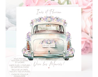 Carte de mariage, carte de mariage personnalisée, carte vive les mariés, carte de voiture de mariage,  cadeau de mariage, mariage lilas
