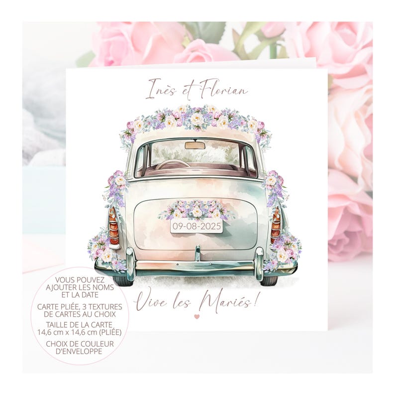 Carte de mariage pliée, carte de mariage personnalisée, carte de voiture de mariage. Image imprimée d'une voiture de mariage avec de délicates pivoines lilas et des roses.